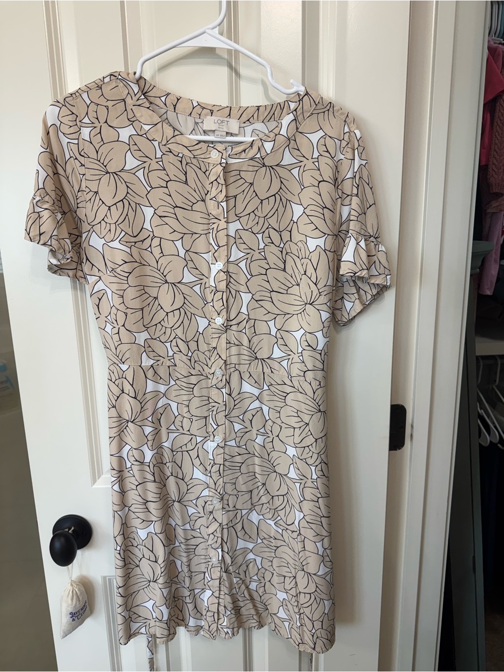 LOFT Beige and White Floral Button-Front Dress